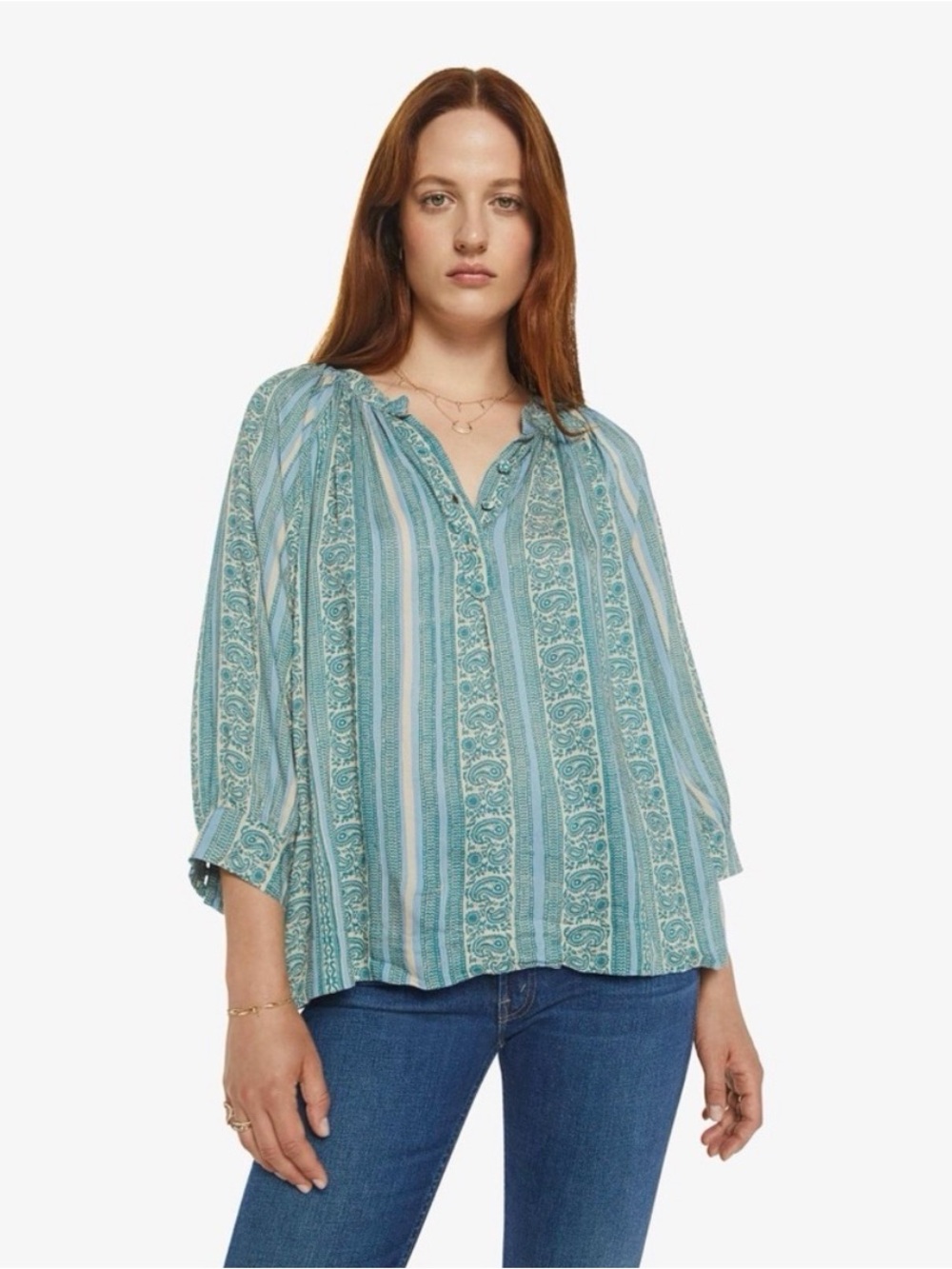 Natalie Martin Teal Paisley Striped Remy Blouse. Size L. Like New